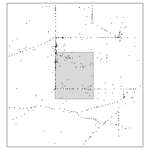 Records from `flor_all` plotted over the area of interest `aoi`.